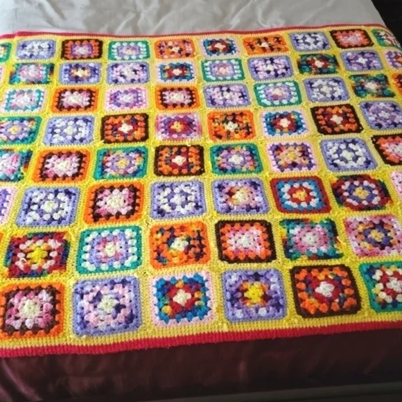 Vintage Granny Square Afghan Throw Blanket Rainbow Multi color Boho Handmade - Picture 2 of 14